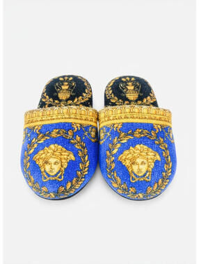Versace Home Medusa Baroque Cotton Slippers Blue Gold EU 37 US 7 S | NWT